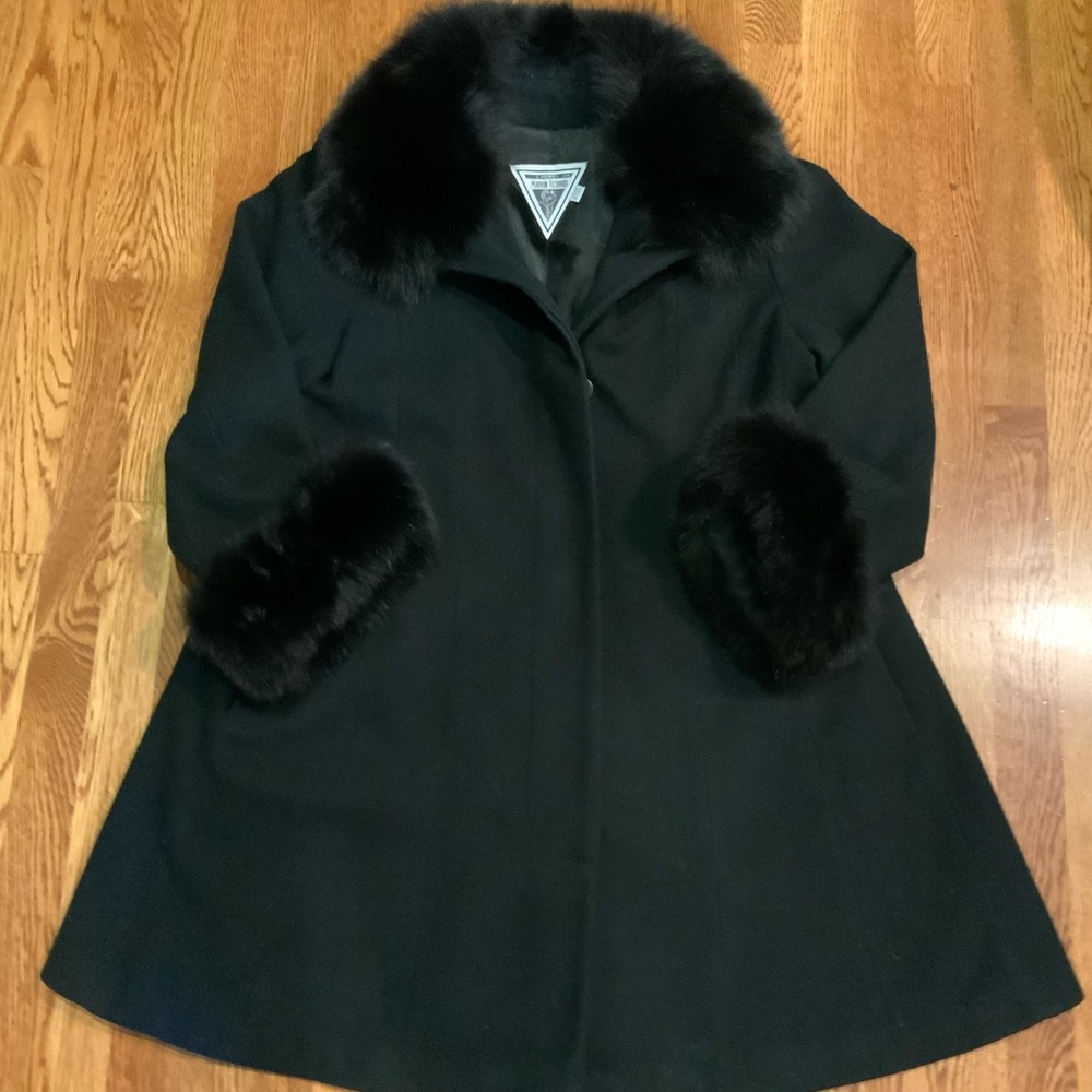 Marvin Richards Women Coat Lambswool Black Size 10 Faux Fur Collar Cuffs #EL14 - Picture 1 of 9